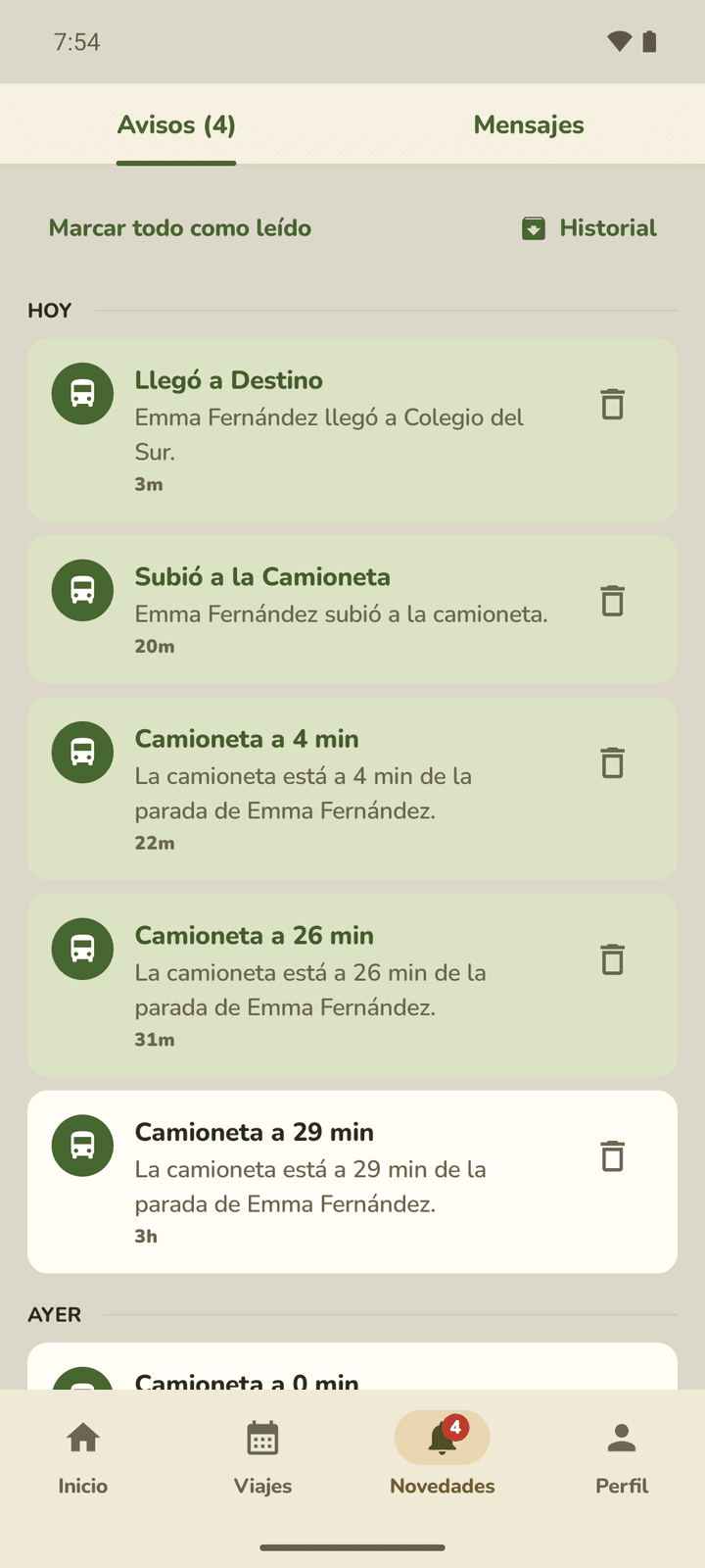 Los avisos del día: la camioneta a 4 minutos, subió a la camioneta, llegó a destino.