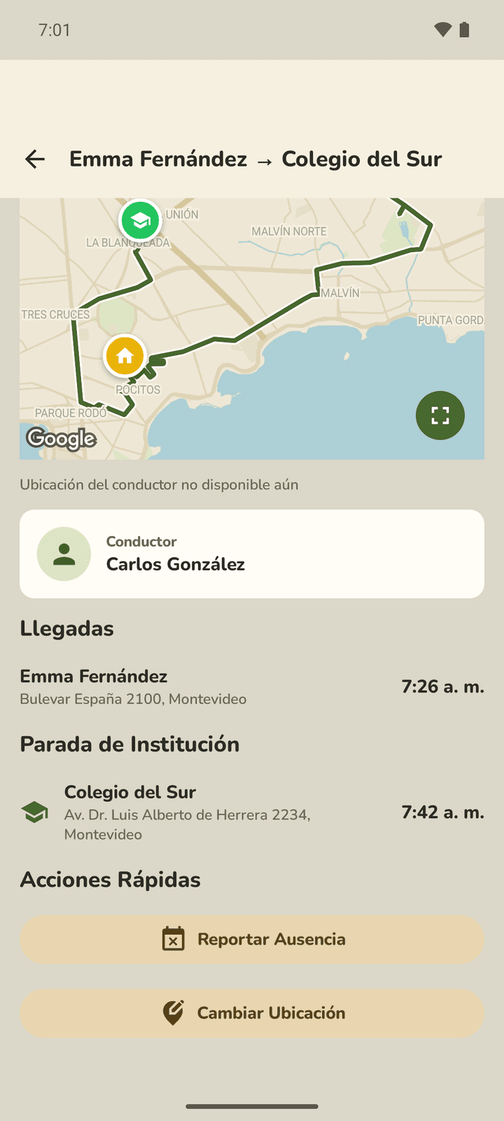 El detalle del viaje antes de que la camioneta entre en la ventana: el recorrido dibujado y el aviso de que la ubicación no está disponible aún.