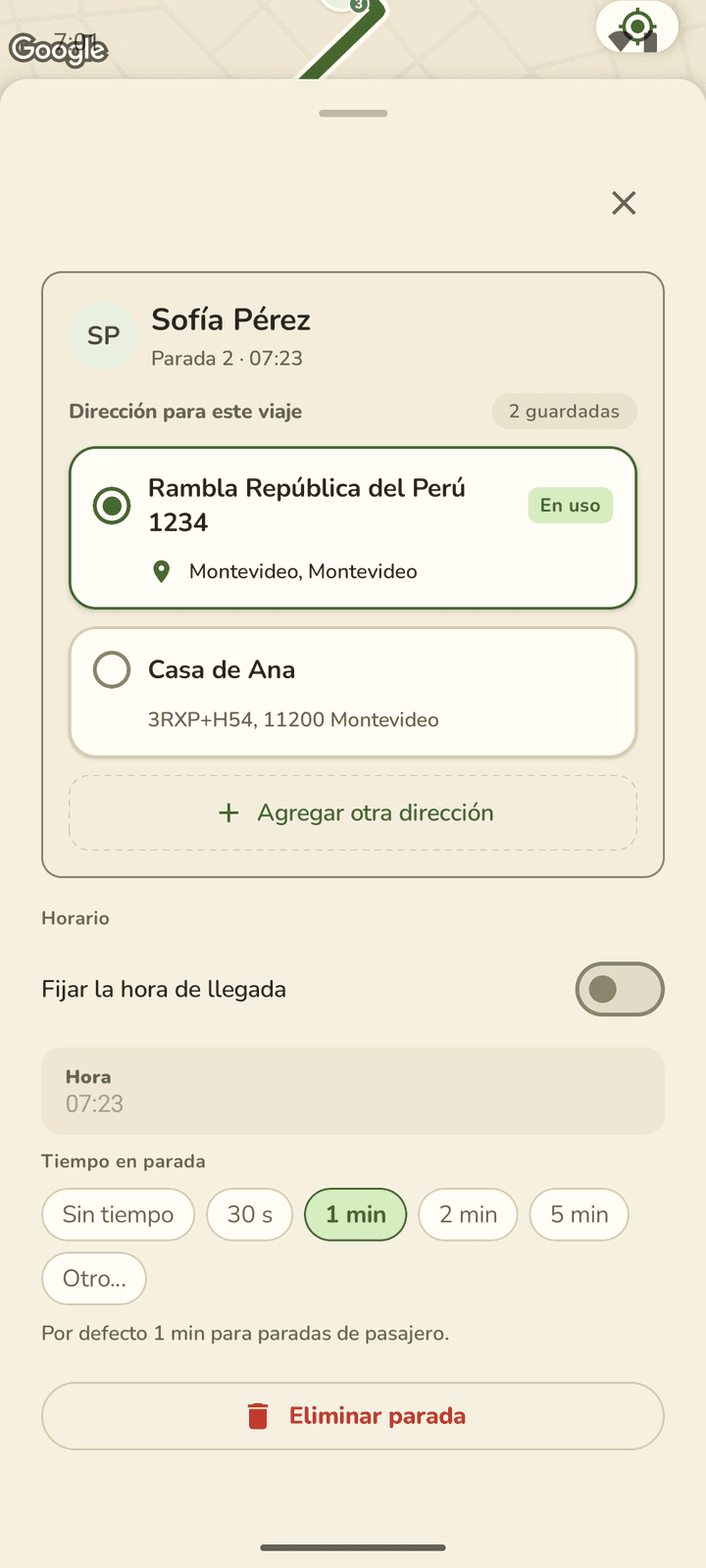 La ficha de una parada con el interruptor para fijar la hora de llegada y el tiempo en parada.