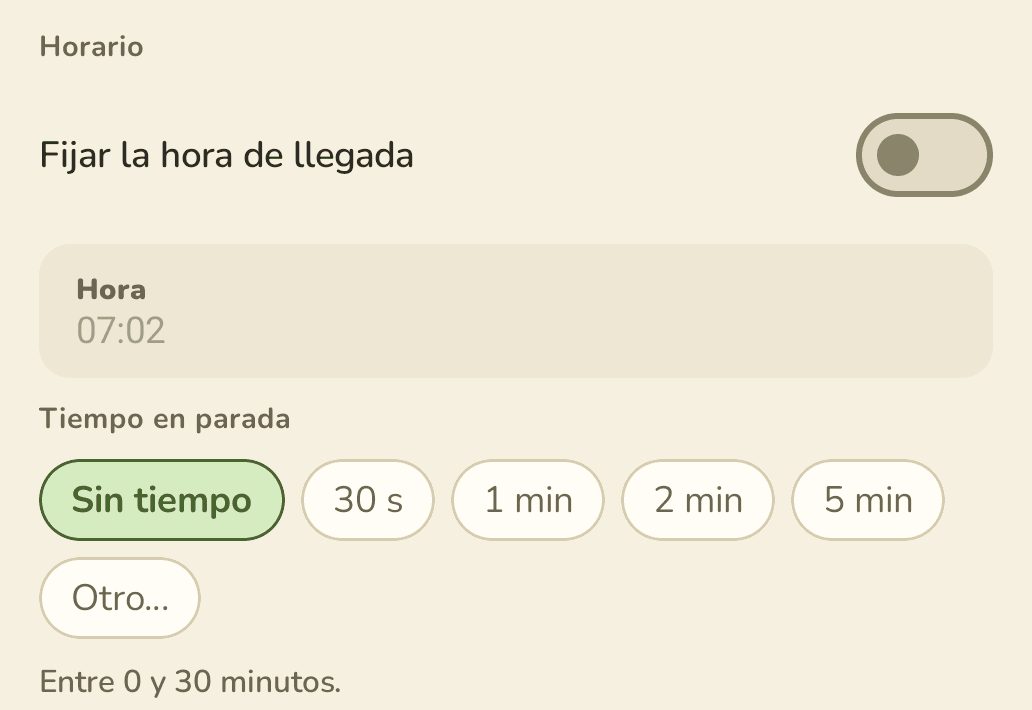 Sección Horario de una parada, con el interruptor apagado y la hora calculada 07:02