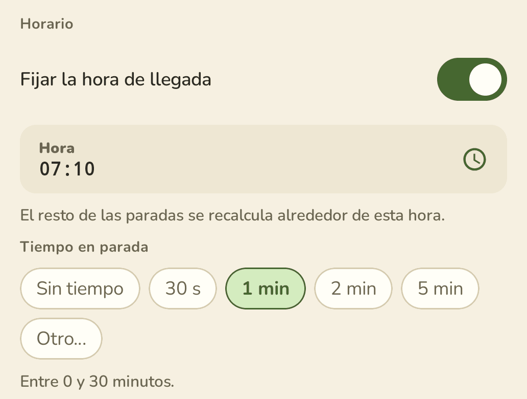 La misma parada con la hora fijada en 07:10 y un minuto de tiempo en parada