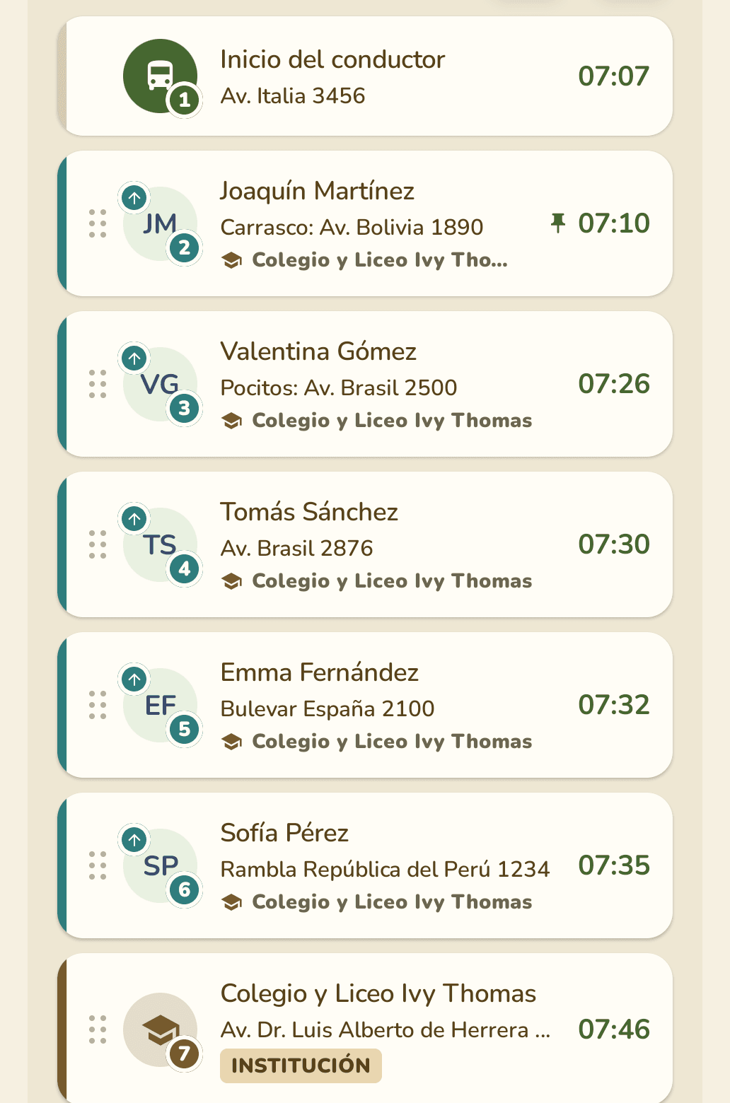 Lista de paradas con Joaquín Martínez fijado a las 07:10 y el resto recalculado