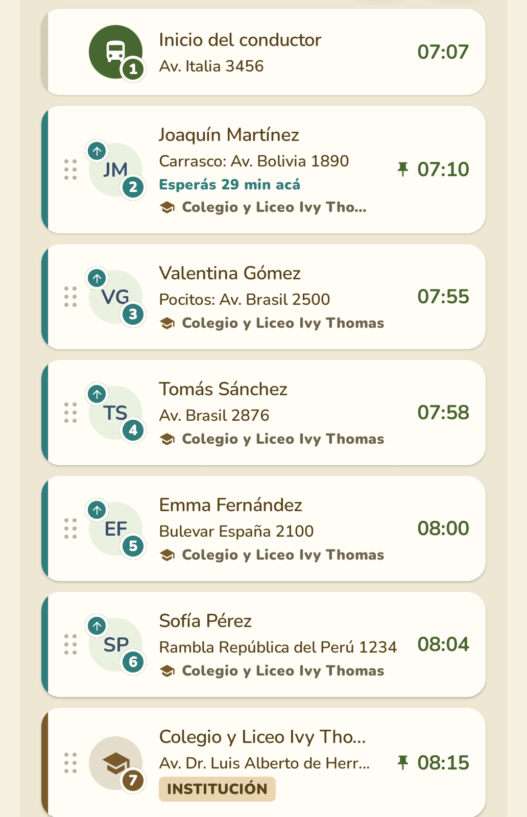 Lista con dos paradas fijadas y el aviso Esperás 29 min acá