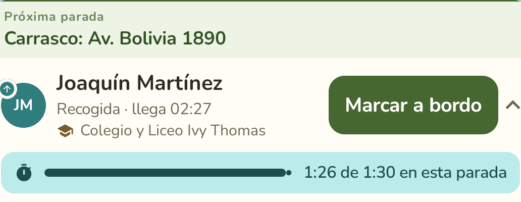Barra en el viaje en curso mostrando 1:26 de 1:30 en esta parada
