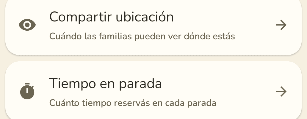 Menú de Configuración con la opción Tiempo en parada