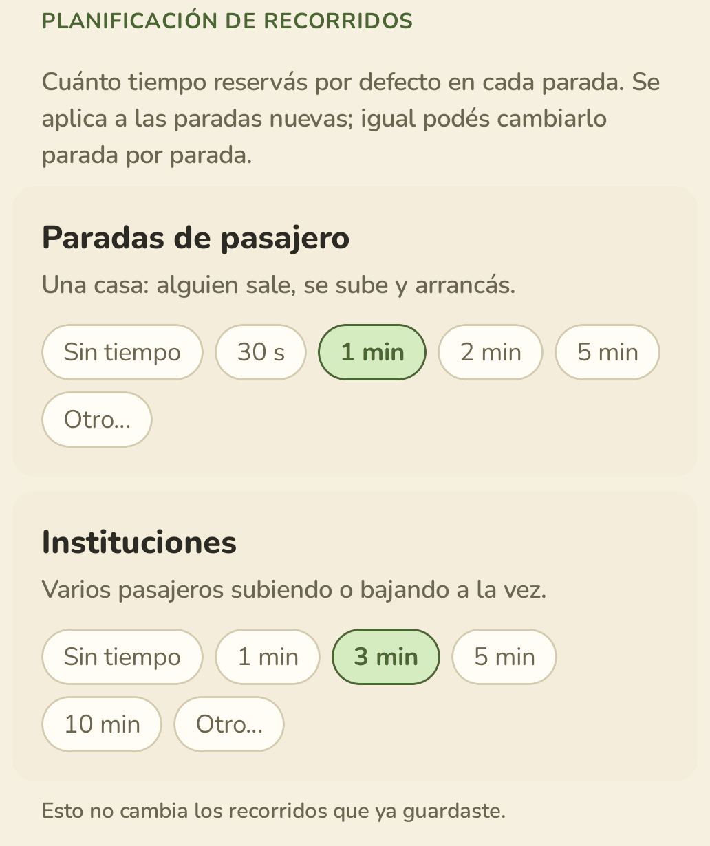 Pantalla Tiempo en parada con 1 min para paradas de pasajero y 3 min para instituciones