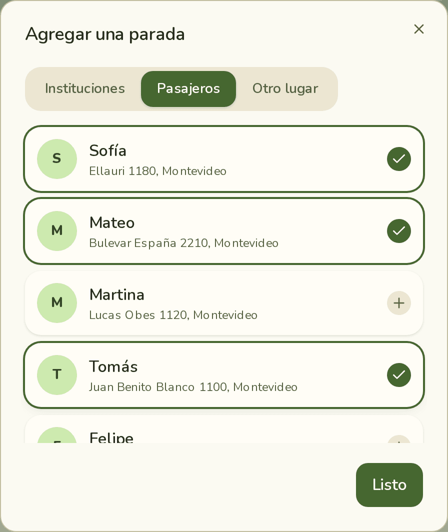 Diálogo Agregar una parada, en Pasajeros, con Tomás elegido