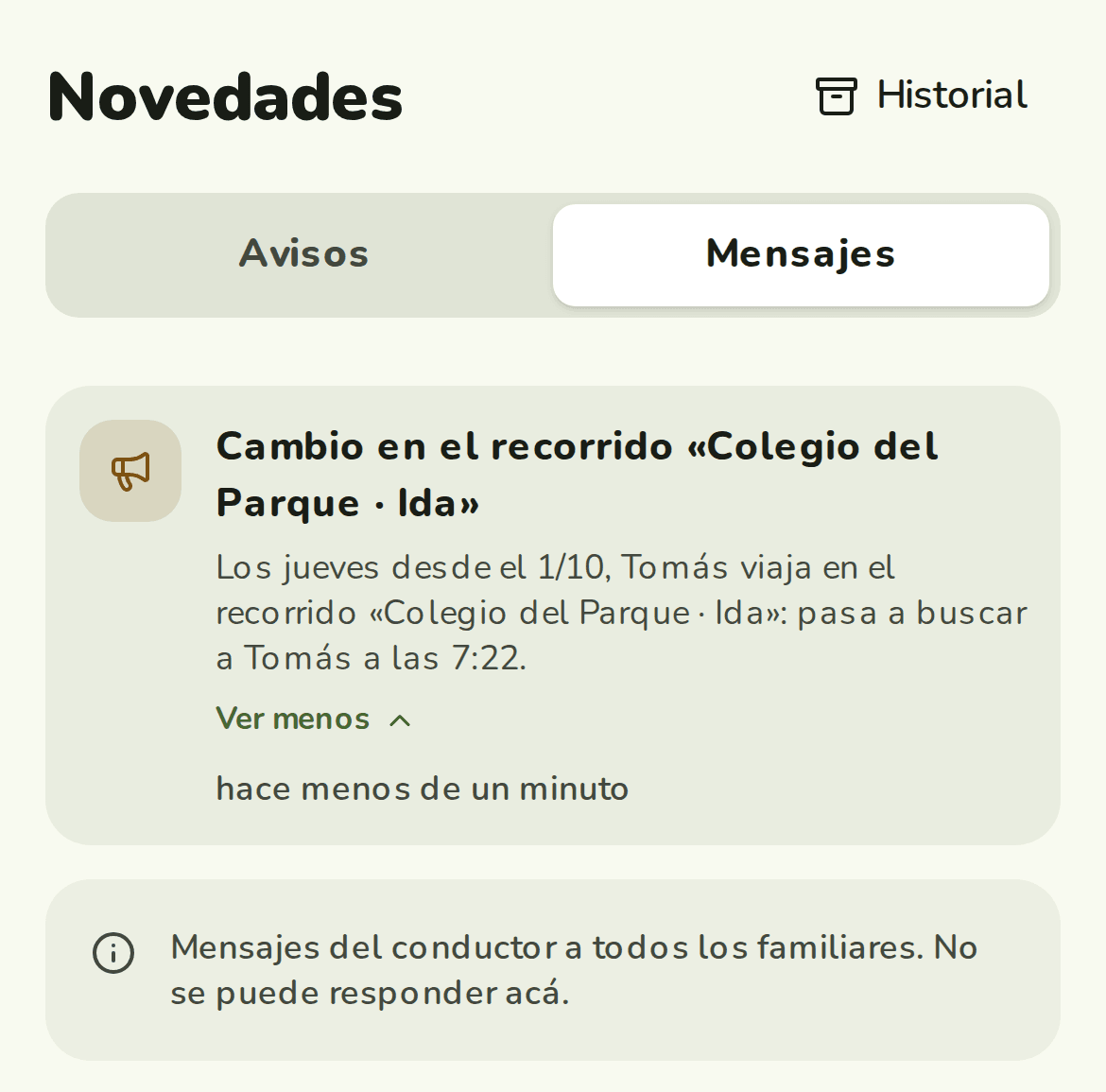 App de familias, Novedades, Mensajes: Cambio en el recorrido «Colegio del Parque · Ida», Los jueves desde el 1/10, Tomás viaja en el recorrido: pasa a buscar a Tomás a las 7:22
