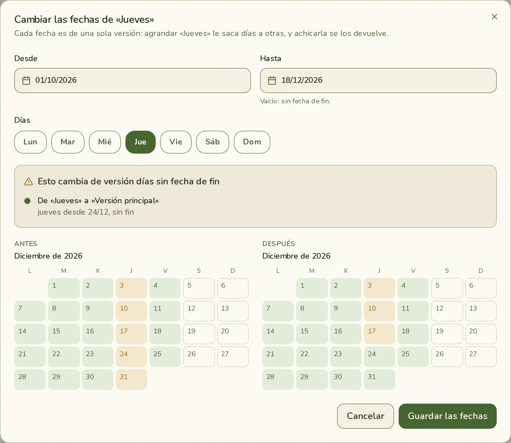 Cambiar las fechas de «Jueves» hasta el 18/12: los jueves desde el 24/12 vuelven a «Versión principal», con el calendario de diciembre antes y después