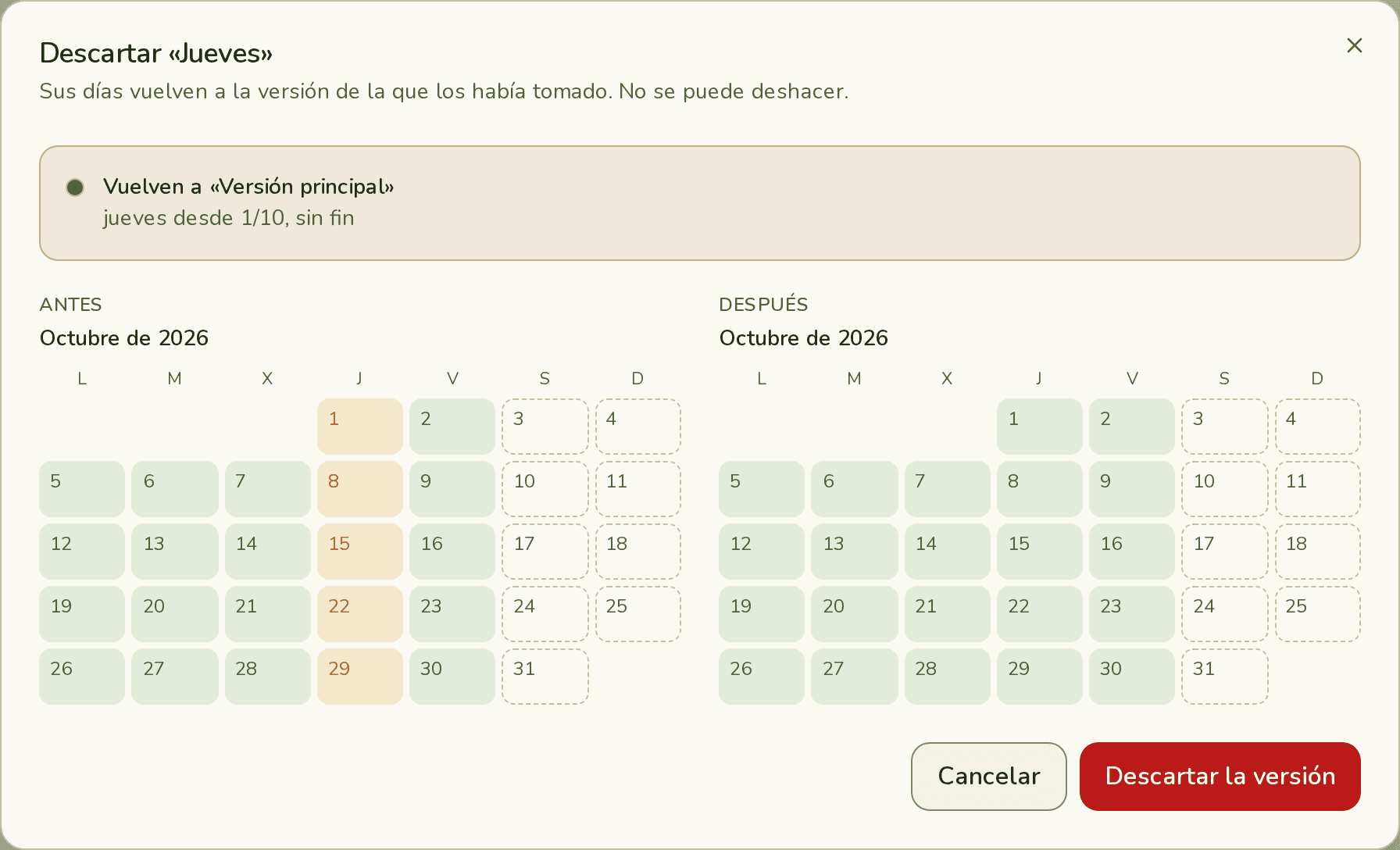 Descartar «Jueves»: sus jueves vuelven a «Versión principal», con octubre antes y después
