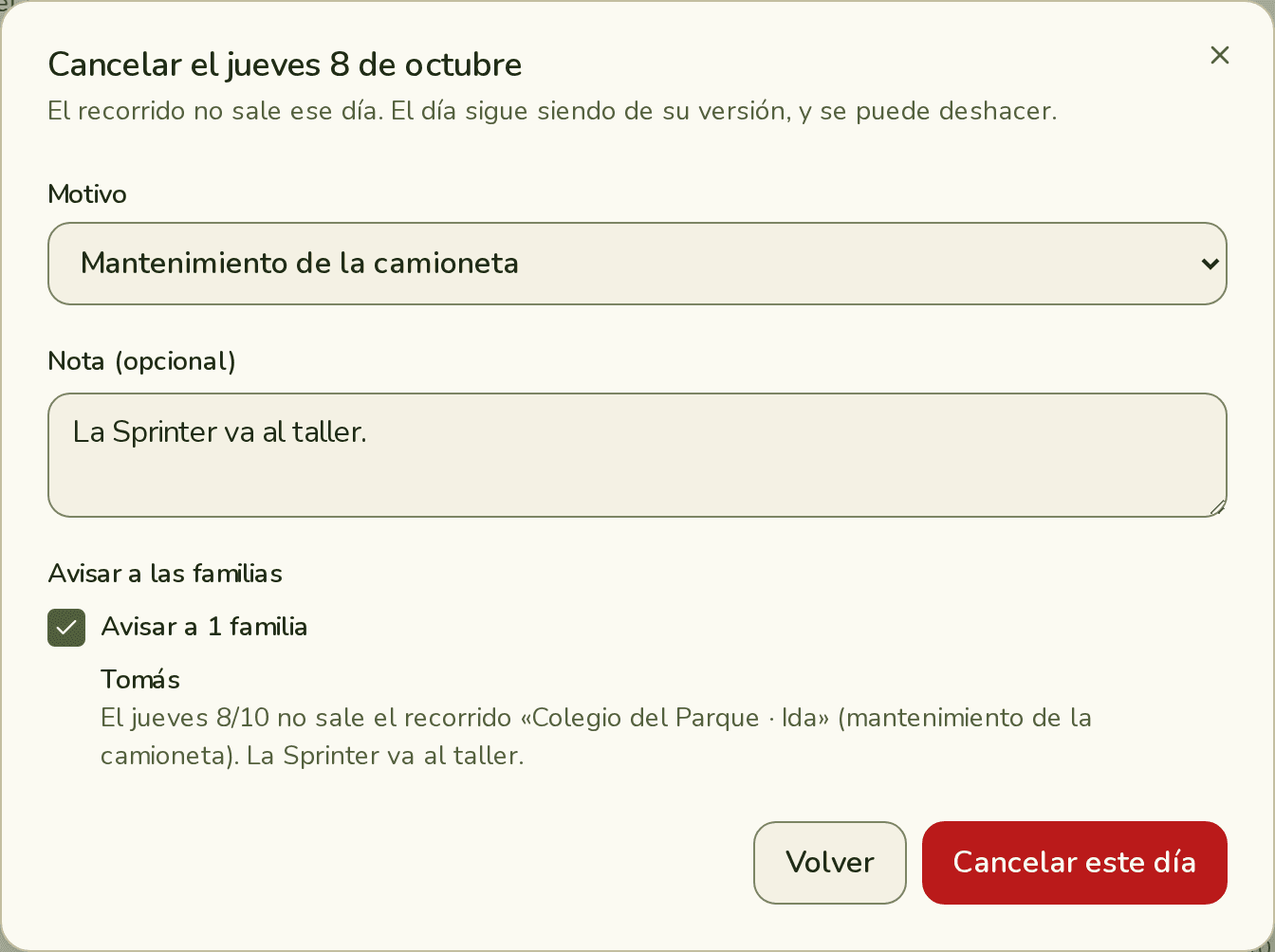 Cancelar el jueves 8 de octubre: motivo Mantenimiento de la camioneta, una nota y el aviso a la familia de Tomás