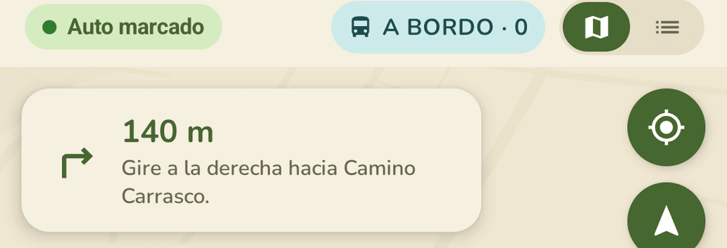 La tarjeta de navegación: "140 m, gire a la derecha hacia Camino Carrasco".
