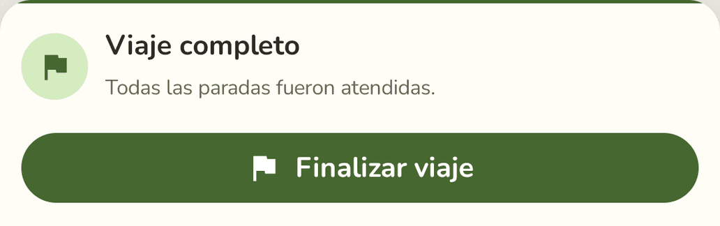 "Viaje completo: todas las paradas fueron atendidas" y el botón "Finalizar viaje".
