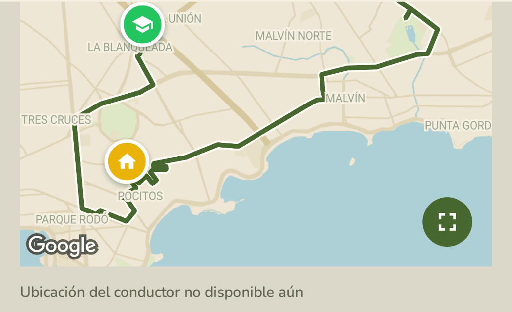 El detalle del viaje en la app de familias antes de la ventana: el recorrido y el aviso de ubicación no disponible.