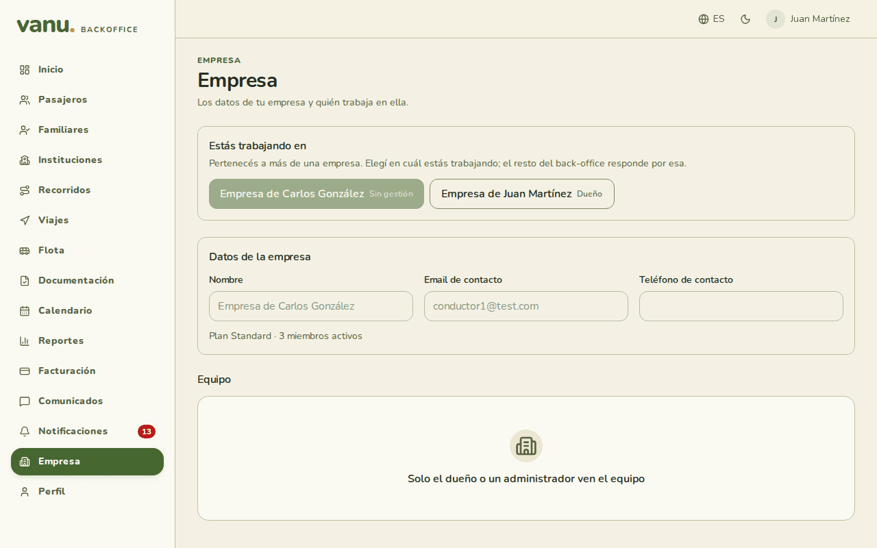 El selector "Estás trabajando en" de alguien que pertenece a dos empresas.