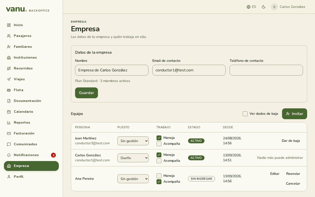 La pantalla Empresa con los datos y la tabla del equipo.