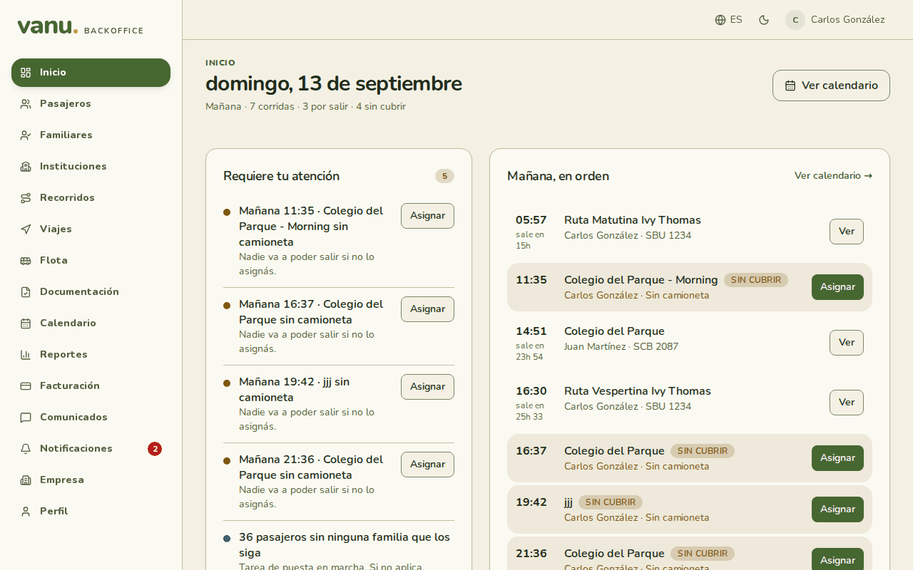 La pantalla de Inicio con la lista de atención y el día en orden.