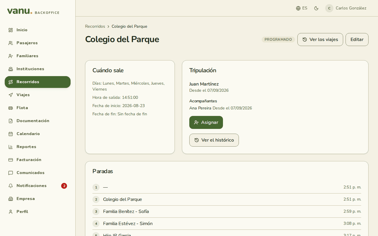 La ficha de un recorrido con su tripulación.